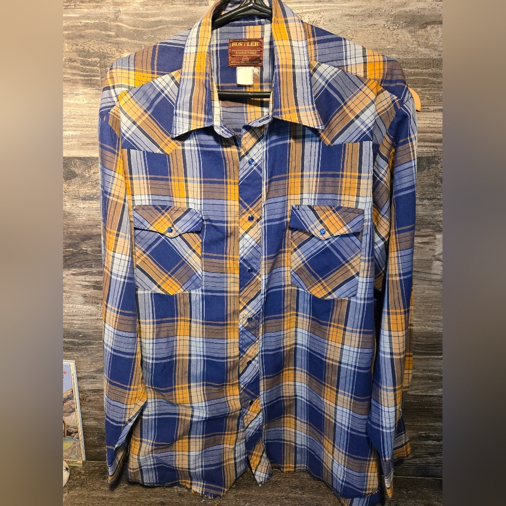 Vintage‎ Rustler Pearl Snap Shirt Mens Long Tails 90's Western Cowboy 17.5 34/35
